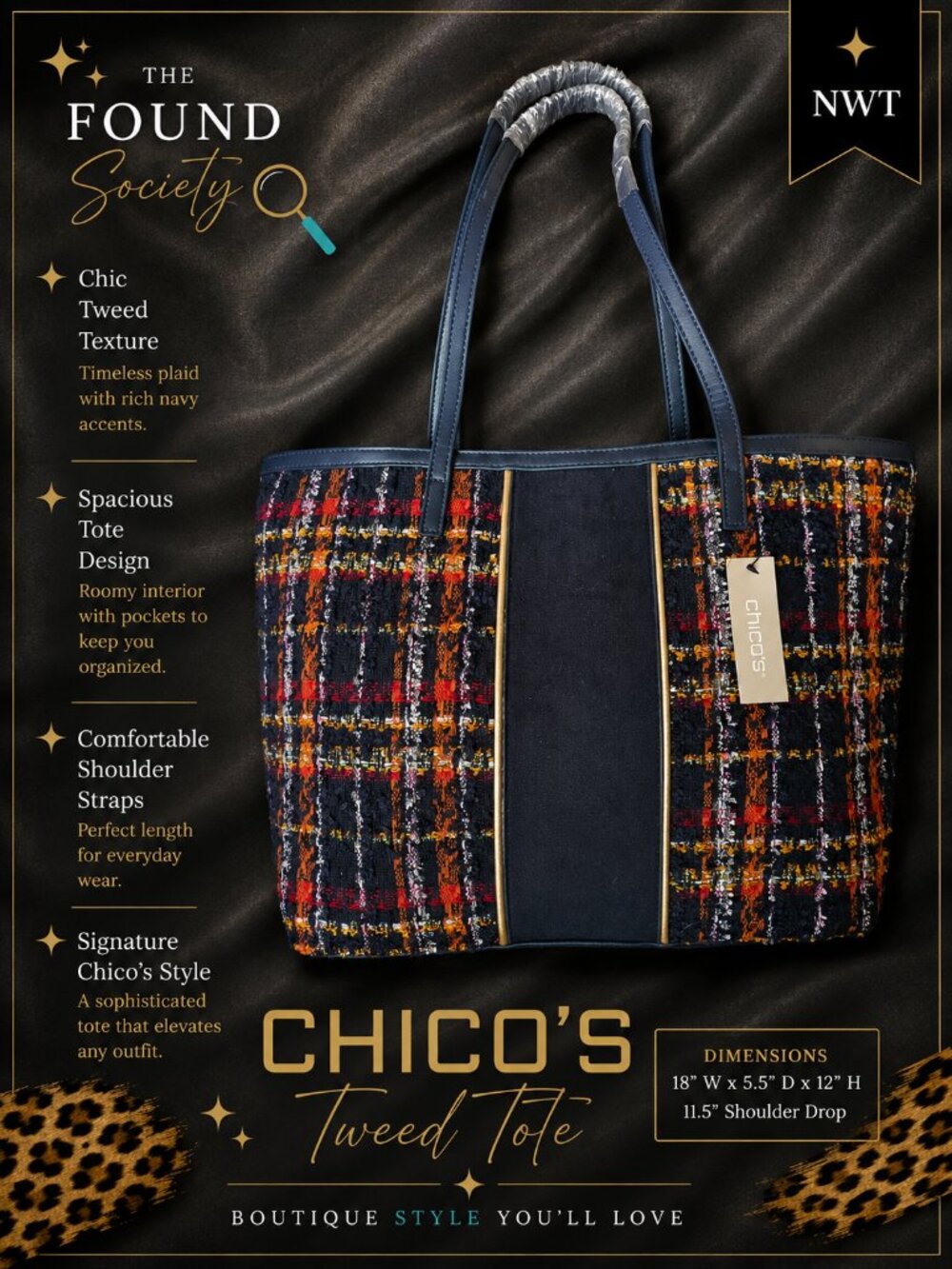 NWT Chico's Navy Multicolor Tweed Plaid Tote Bag Gold Tone Large Shoulder Bag - Picture 2 of 6